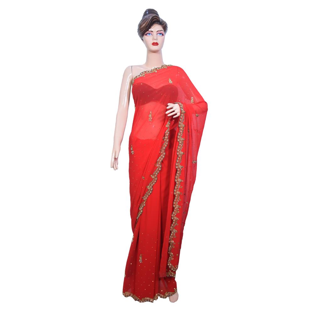 GEORGETTE RED SAREE WITH HAND WORK