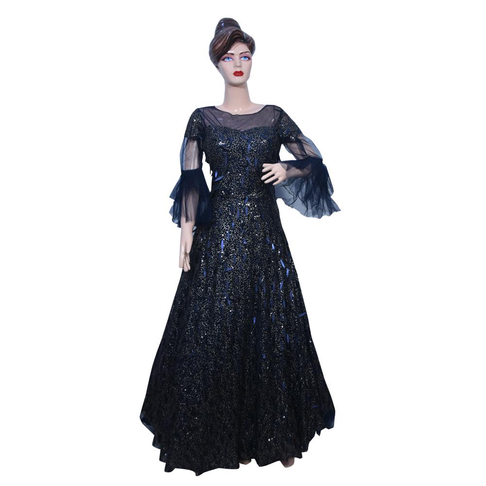 NAVY BLUE BELL SLEEVES BALL SEQUIN GOWN