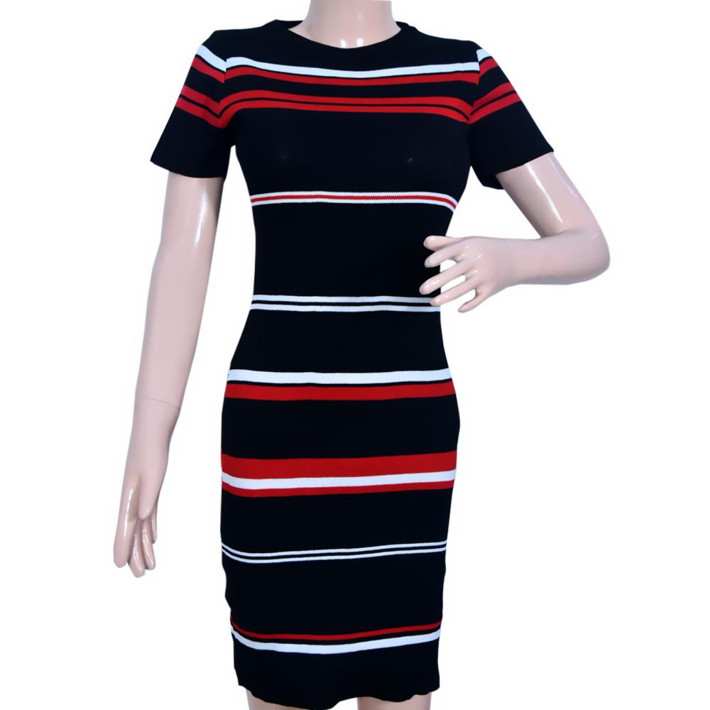 KNITTED RED AND WHITE STRIPED KNEE LENGTH BODYCON ONE PIECE