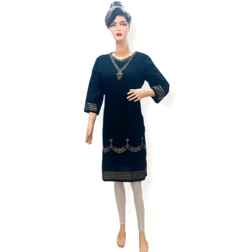 W BLACK V NECK COTTON EMBROIDERED KURTI